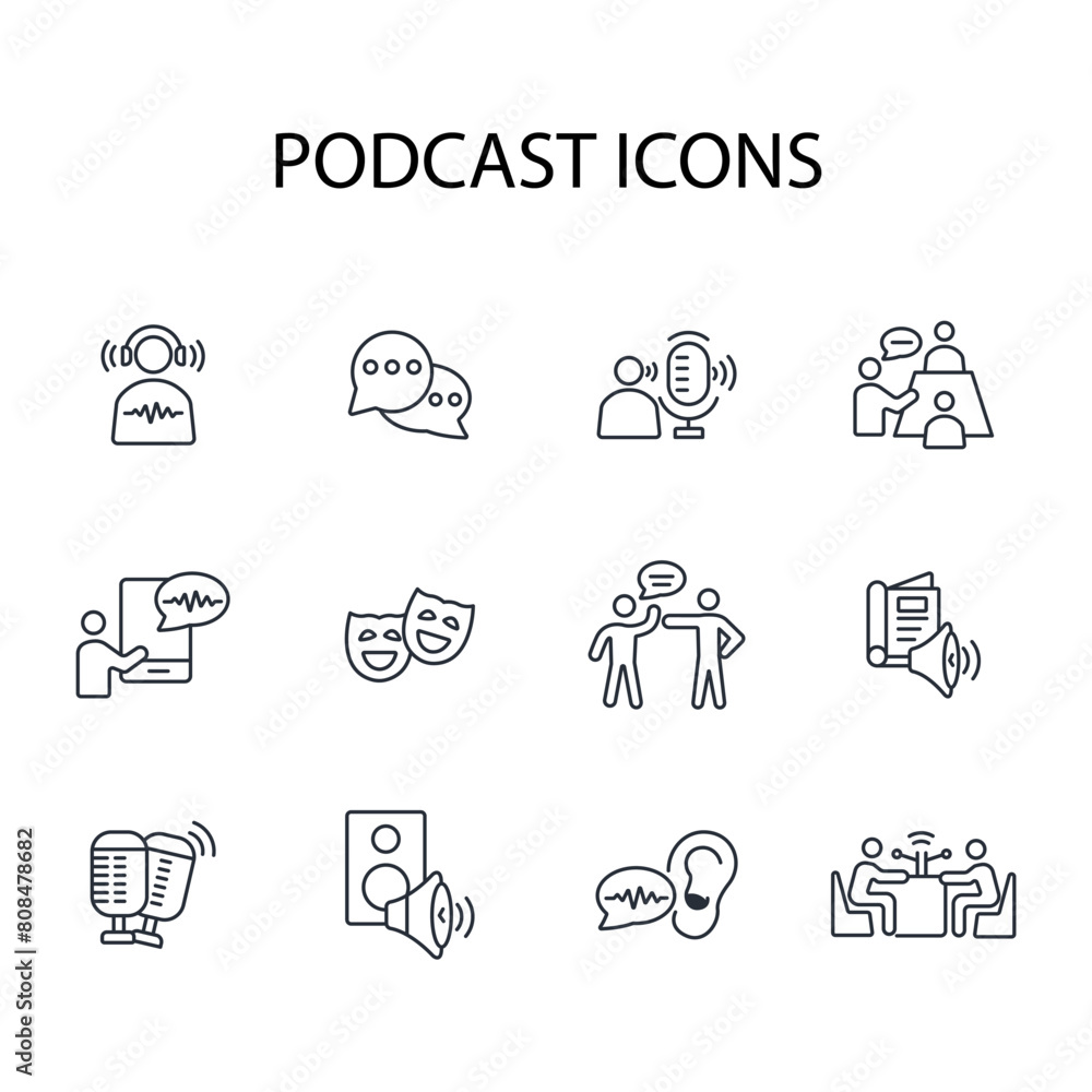 Poster podcast icon set.vector.editable stroke.linear style sign for use web design,logo.symbol illustratio