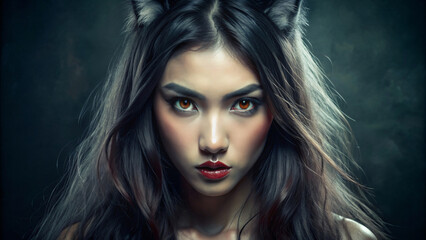 Portrait of a werewolf woman with elegant hair and glamorous makeup in a black studio setting, showcasing beauty and style