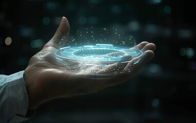Fototapeta premium Closeup of a futuristic holographic AI interface projected above a businessmans hand