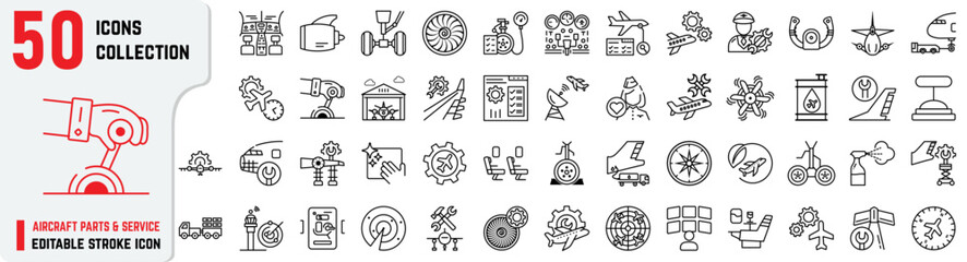Set of Aircraft Parts and Service-related editable stroke icons also includes engine, maintenance, hangar, service, tire, cockpit, indicators signal, reports, radar icons. Flight maintenance 50+ thin 