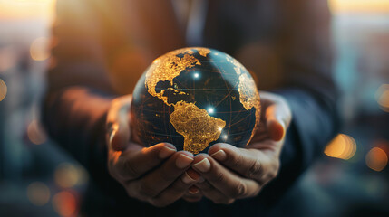Fototapeta premium Caring hands cradle a blue and green globe, symbolizing global responsibility for our planet