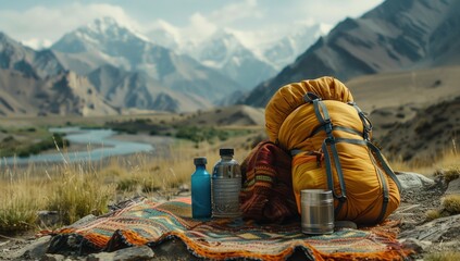 Showcase the essence of minimalist travel in Tibet through close-up shots of a traveler's simple yet essential belongings against the backdrop of majestic mountains.