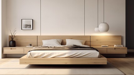 A minimalist wooden platform bed with integrated nightstands, offering sleek style and...