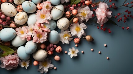Easter day background with egg ornaments, flowers and minimalist background colors