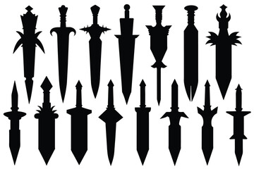 Set of old daggers black Silhouette Design with white Background and Vector Illustration