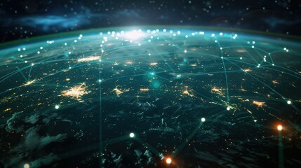  futuristic depiction of data being shared and accessed seamlessly across a global network, breaking down barriers and connecting people worldwide. 