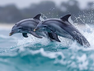 Fototapeta premium Several dolphins jumping in the waves,Playful Dolphins Leaping in Ocean Waves - 4K HD Wallpaper