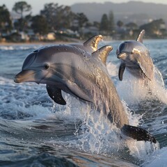 Obraz premium Several dolphins jumping in the waves,Playful Dolphins Leaping in Ocean Waves - 4K HD Wallpaper