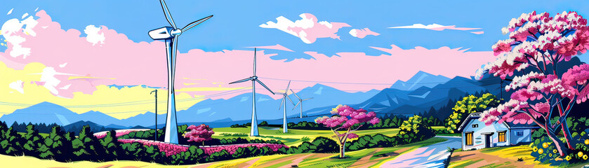 Illustration of vibrant wind turbines in a colorful cartoon countryside, showcasing an idyllic...