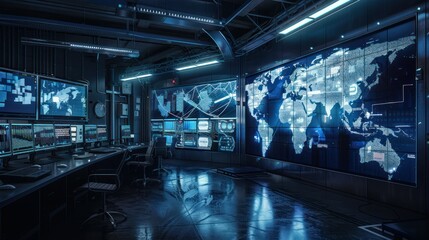  high-tech control room monitoring the real-time movement of export shipments across the globe, ensuring seamless international trade.