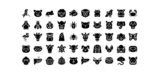Set of animal icons. Solid animal icons pack contains icon such as platypus, whale, cat, horse, gorilla, cow, mammals, reptiles, pets, wildlife etc.