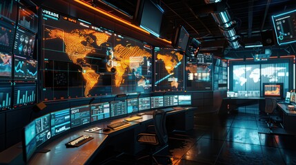  high-tech control room monitoring the real-time movement of export shipments across the globe, ensuring seamless international trade.