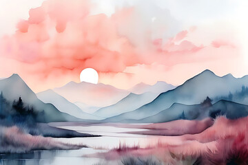 Watercolor painting of a simple landscape, a bright sunset over a peaceful mountain river. The setting sun shines with a warm glow. The river reflects the colorful sky.