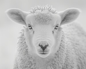 A close-up portrait of a sheep with a soft, woolly coat and a gentle expression in its eyes.