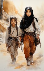 Watercolor of two beautiful girls of 9 and 12 years old dressed in combat clothing and scarves on their heads.