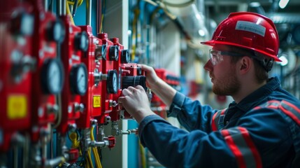Engineers inspect industrial fire control systems, fire alarm controllers, fire alarms, fire protection systems. The system is ready in case of fire.