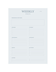 Weekly Planner. Minimalist planner template set. Vector illustration.