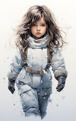 Watercolor of a beautiful girl with long brown hair wearing a blue-gray jumpsuit typical for snow.