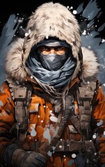 Marker drawing of an explorer in Antarctica with his clothing for the cold.