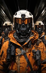 In a dystopian future, a portrait of three pilots with their helmets and combat uniforms on.