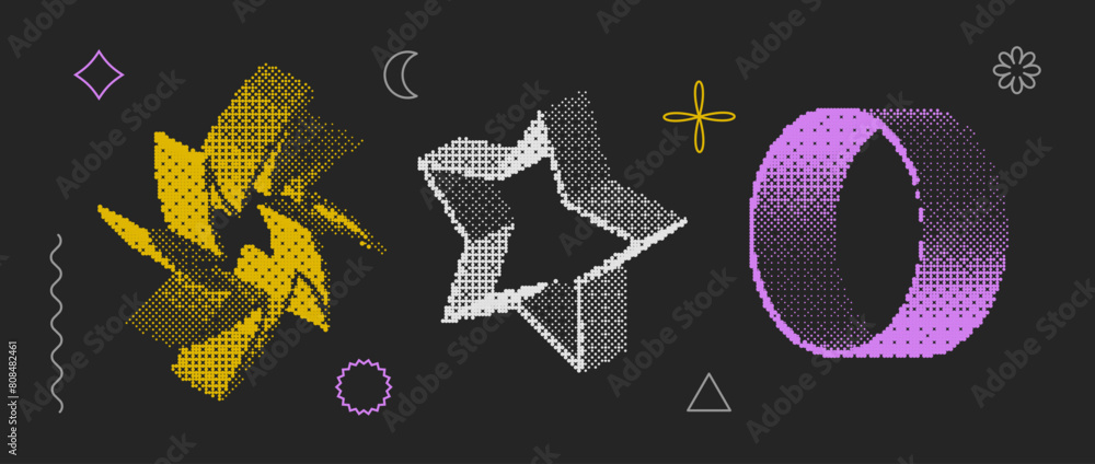Aufkleber Bitmap textured shape set. Dither halftone objects collection. Colorful cylinder, star, ring, swirl elements for banner, poster, leaflet. Abstract pixelated 3d raster effect bundle. Vector pack