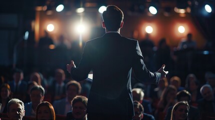 persuasive sales pitch delivered by a confident salesperson to a captivated audience. 