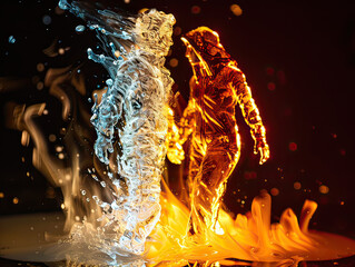 Dynamic and captivating digital artwork depicting a human figure made of water and fire,...