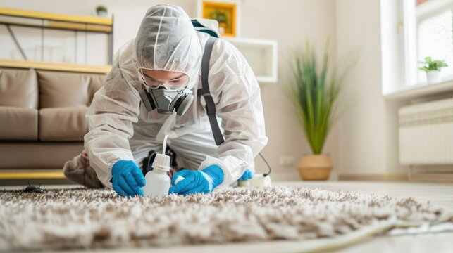  pest control technician wearing a protective suit and mask while treating a home for bed bugs, 