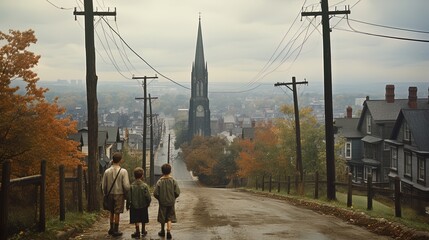 Three children walking down a downhill street in a town on a cloudy day
