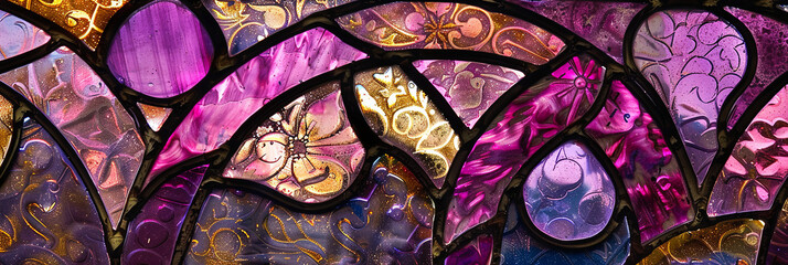 stained glass window, purple and pink color palette, gold accents, dark background, generative AI