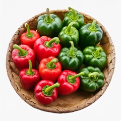 Sweet paprika.Overhead shot of red bell pepper in box on vintage wooden table with copyspace. 