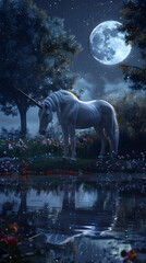 Mystical Unicorn Under Starlit Sky: A Fantasy Art Depicting Legendary Myths and Folklore