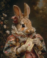 A beautiful painting of a rabbit wearing a fancy dress.