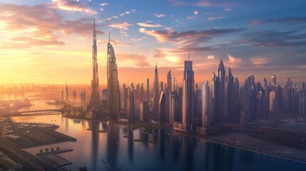 Fototapeta premium As the last rays of sunlight fade into the horizon, the city below awakens with a kaleidoscope of colors, its towering skyscrapers casting long shadows across the landscape.