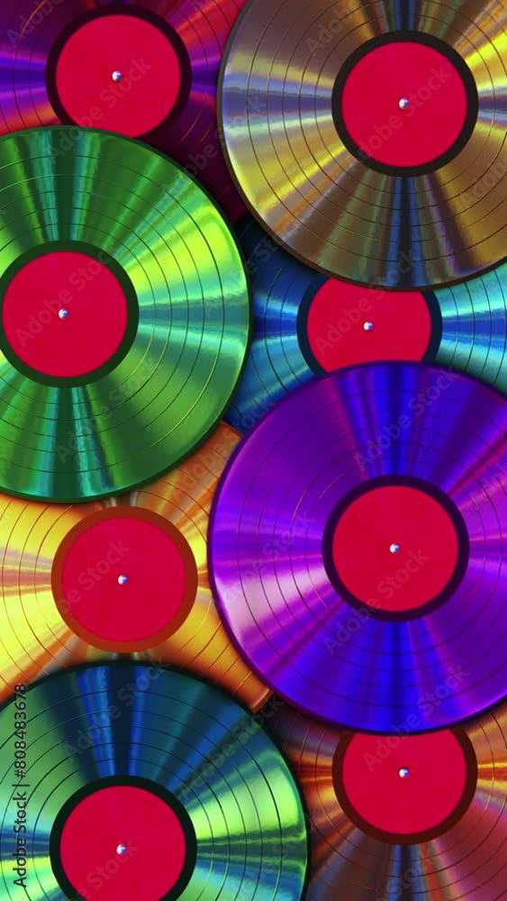 Aufkleber vertical video. realistic looping 3d animation of the fancy colorful vinyl records with red labels r