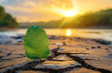 Climate change and Global warming concept Burning leaf at land of cracked earth metaphor drought and Green leaf with river and beautiful clear sky metaphor Abundance of Nature - Powered by Adobe