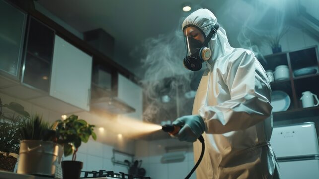  professional pest control technician spraying insecticide in a kitchen,