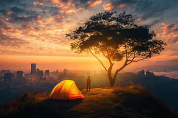 Person camping under the tree on the hill with city view