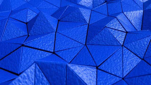 Realistic DOF camera looping abstract 3D animation of the moving blue leather solid triangles pattern rendered in UHD as motion background