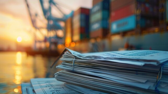 stack of export documents and invoices, representing the intricate paperwork and financial transactions involved in international trade.