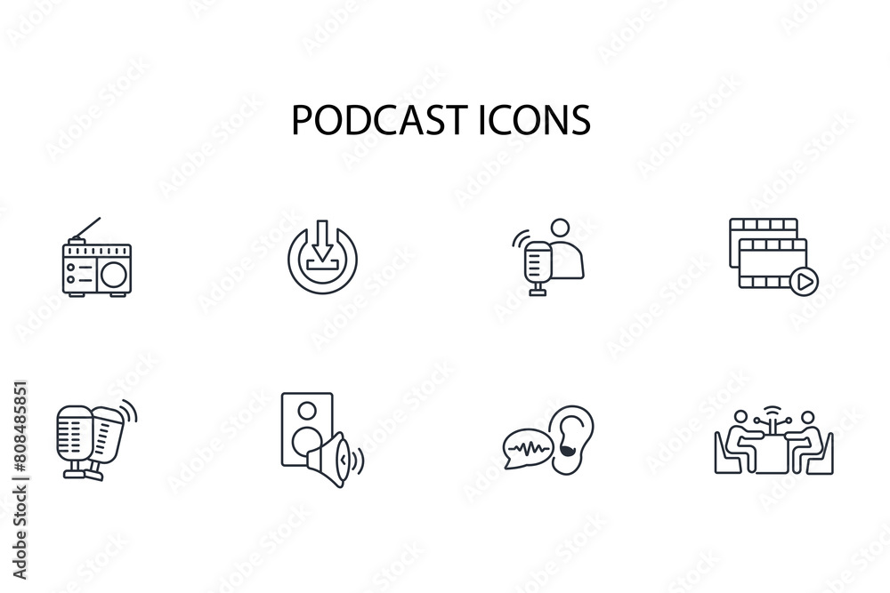 Poster podcast icon set.vector.editable stroke.linear style sign for use web design,logo.symbol illustratio