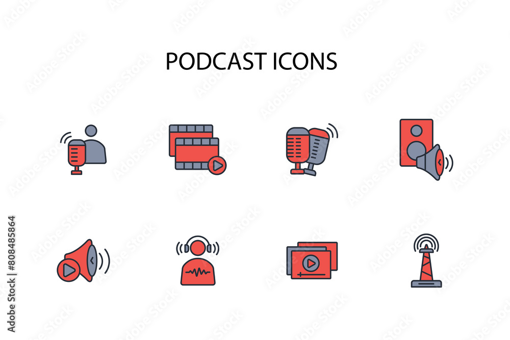 Poster podcast icon set.vector.editable stroke.linear style sign for use web design,logo.symbol illustratio