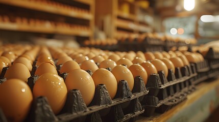 Shot of eggs in an egg factory. The focus is on closeups of fresh brown eggs lined up neatly against their cartons. emphasizing eco-friendly production practices
