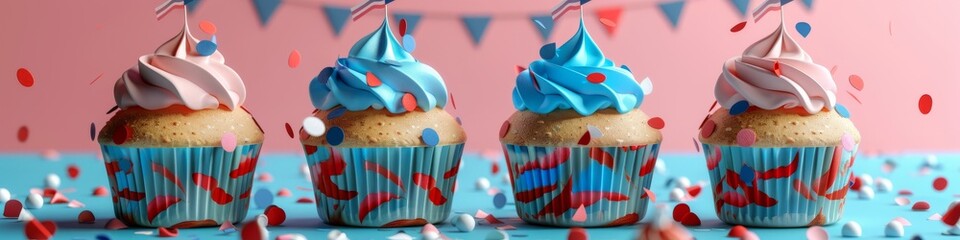 Four patriotic cupcakes with blue frosting and sprinkles. Banner.