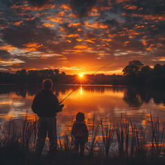 fishing on the lake,
Adult and child enjoying sunset by the lake