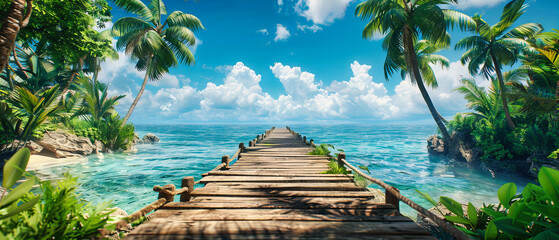 Tropical Beach Pier at Sunrise, Wooden Pathway Over Turquoise Sea Leading to Sunny Horizon