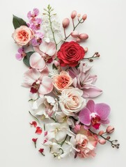 Flowers Full body photo of an array of roses, lilies, and orchids, arranged elegantly against a stark white background, side perspective