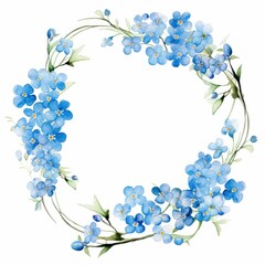 forget-me-not themed frame or border for photos and text. watercolor illustration, Perfect for nursery art, simple clipart, single object, white color background. for greetings card.