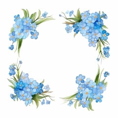 forget-me-not themed frame or border for photos and text. watercolor illustration, Perfect for nursery art, simple clipart, single object, white color background. for greetings card.