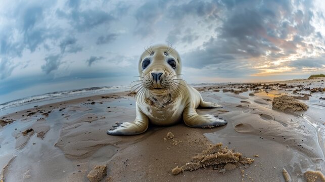 Gray seal (Halichoerus grypus), young animal resting on the beach, Duene Island, Helgoland, Lower Saxony, Germany.